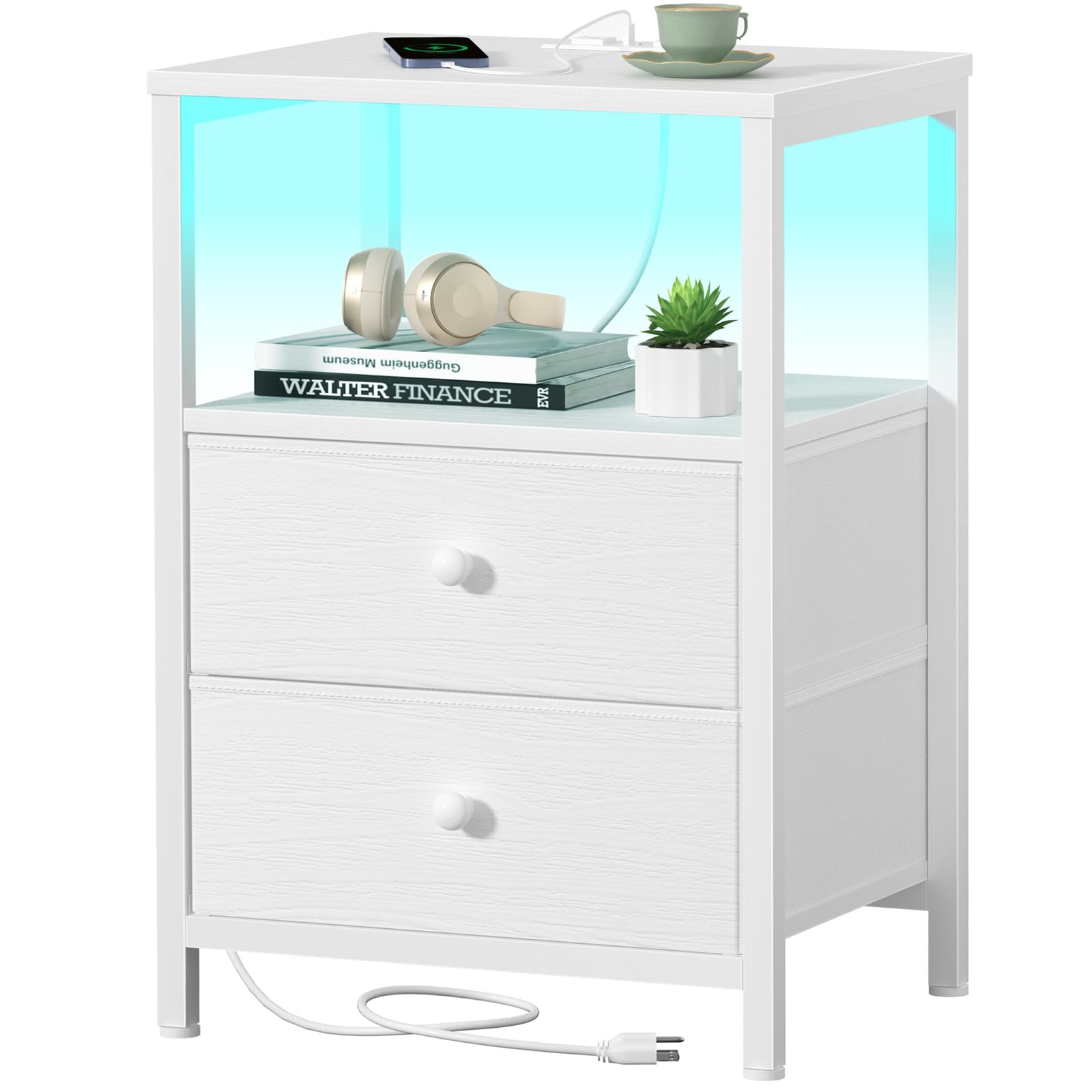 BOLUO white nightstand with charging station beside the bed for easy access