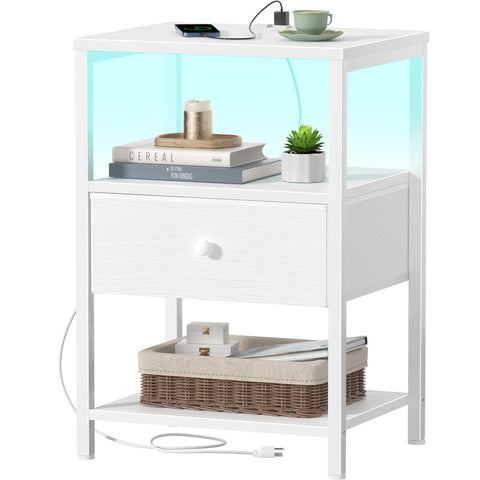 BOLUO white nightstand with charging station and USB outlets for easy bedside charging.