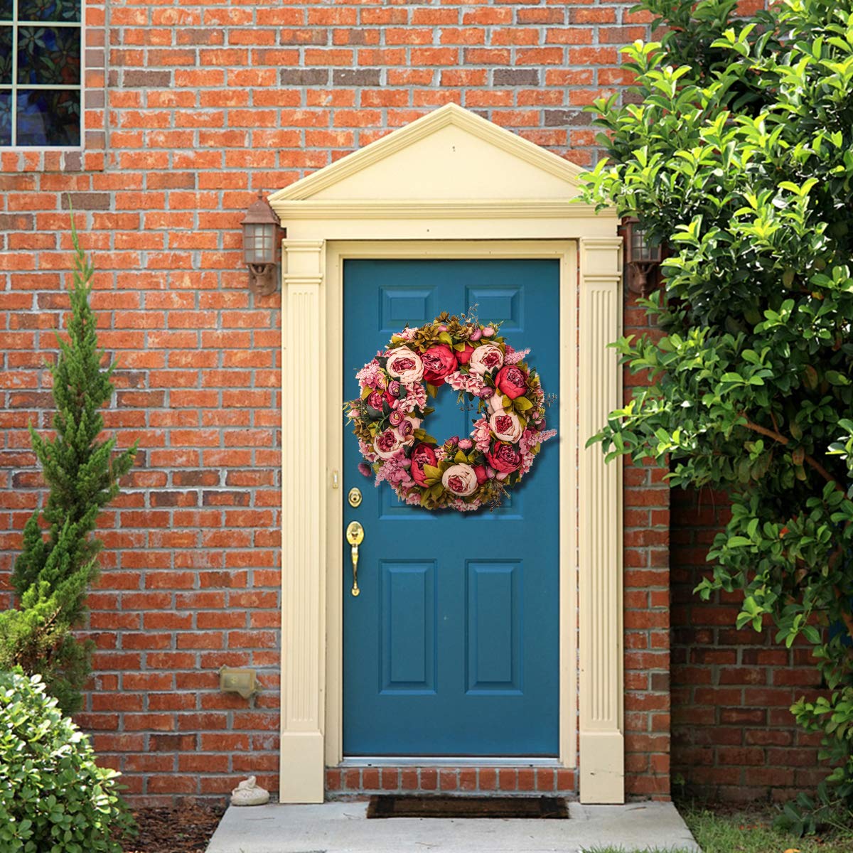BOMAROLAN artificial peony wreath green-leaves emphasize lush greenery and year-round decor.
