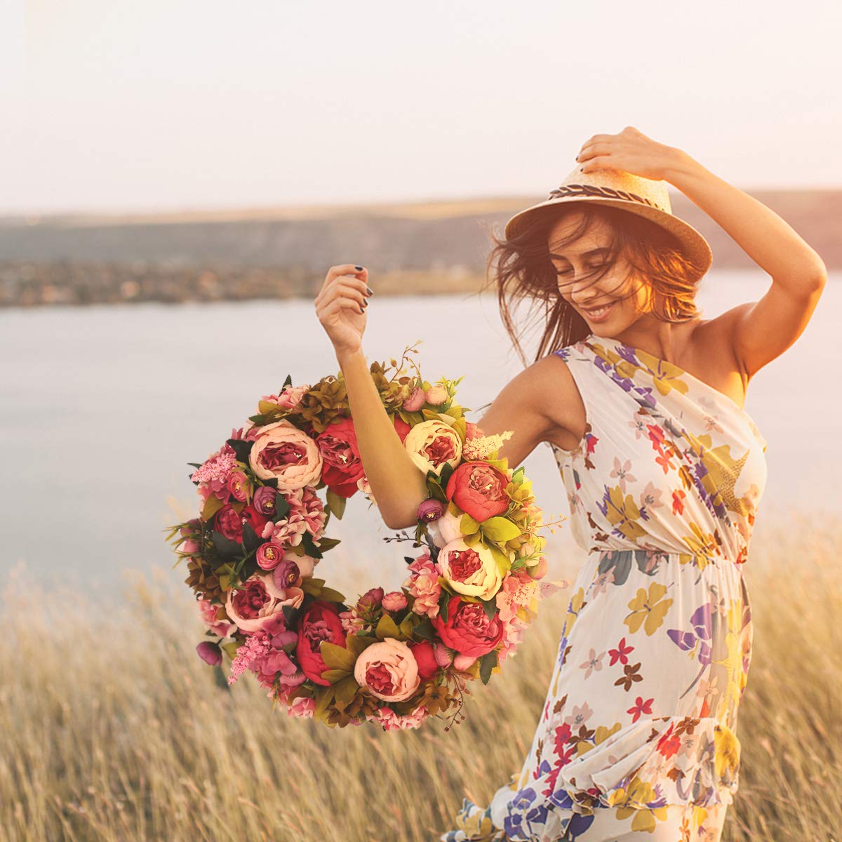 BOMAROLAN artificial peony wreath hydrangea-accents brighten the arrangement for spring vibes.