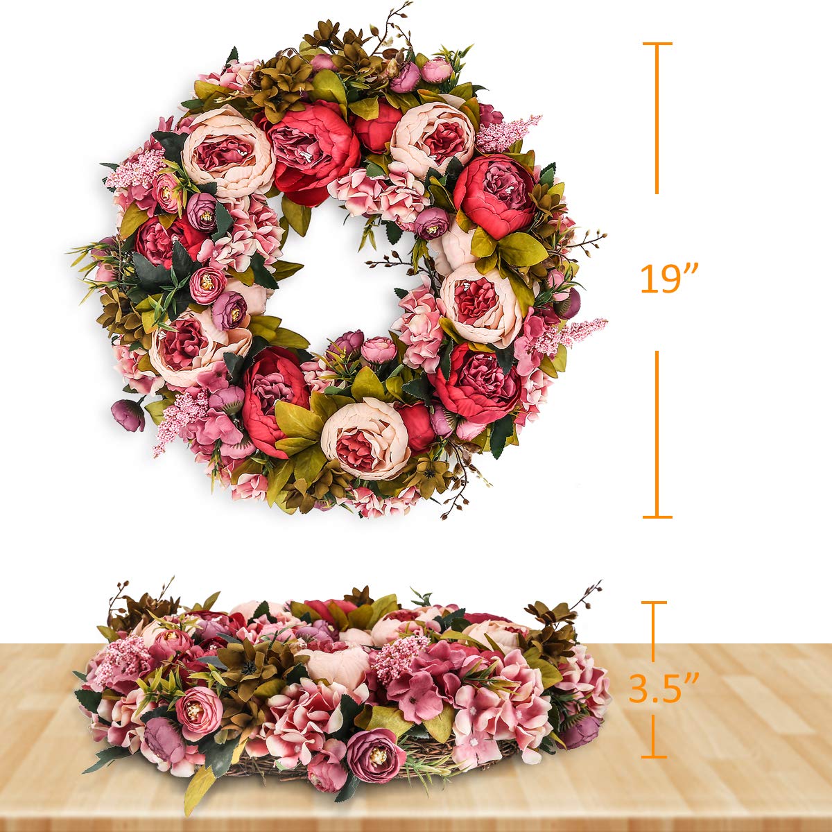 BOMAROLAN artificial peony wreath outdoor-front-door suitability adds decorative versatility.