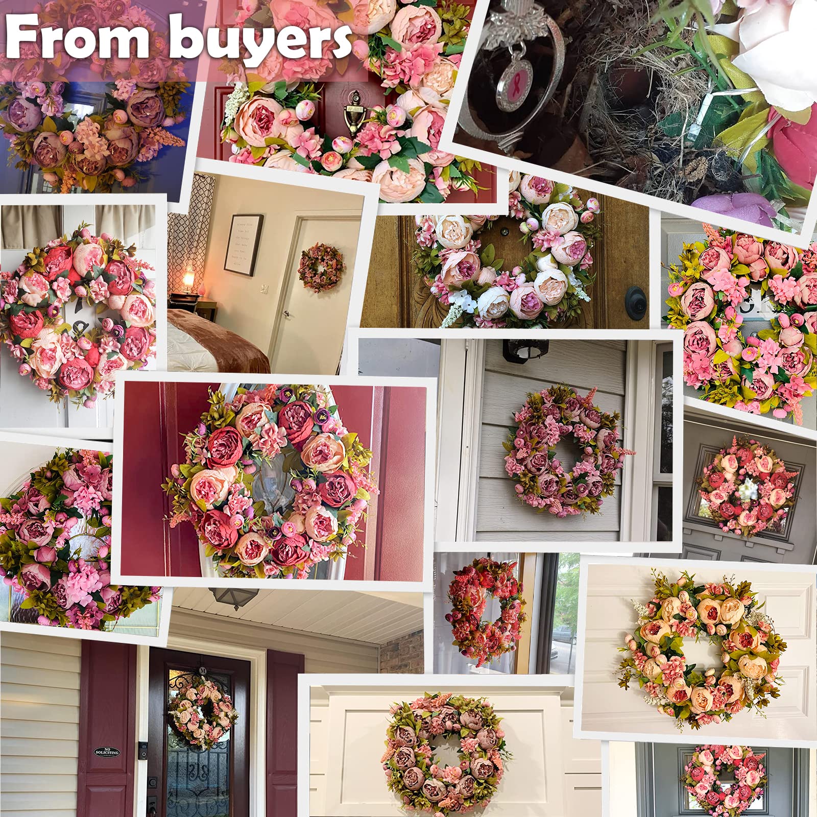 BOMAROLAN artificial peony wreath peony heads close-up showcases soft petals and lifelike texture.