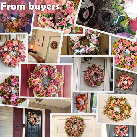 BOMAROLAN artificial peony wreath peony heads close-up showcases soft petals and lifelike texture.