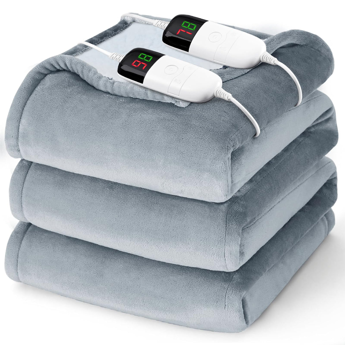 BOMOVA queen-size heated blanket with dual control for personalized warmth on the couch