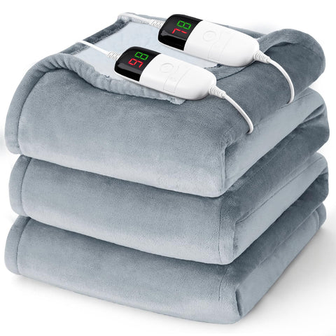 BOMOVA queen-size heated blanket with dual control for personalized warmth on the couch