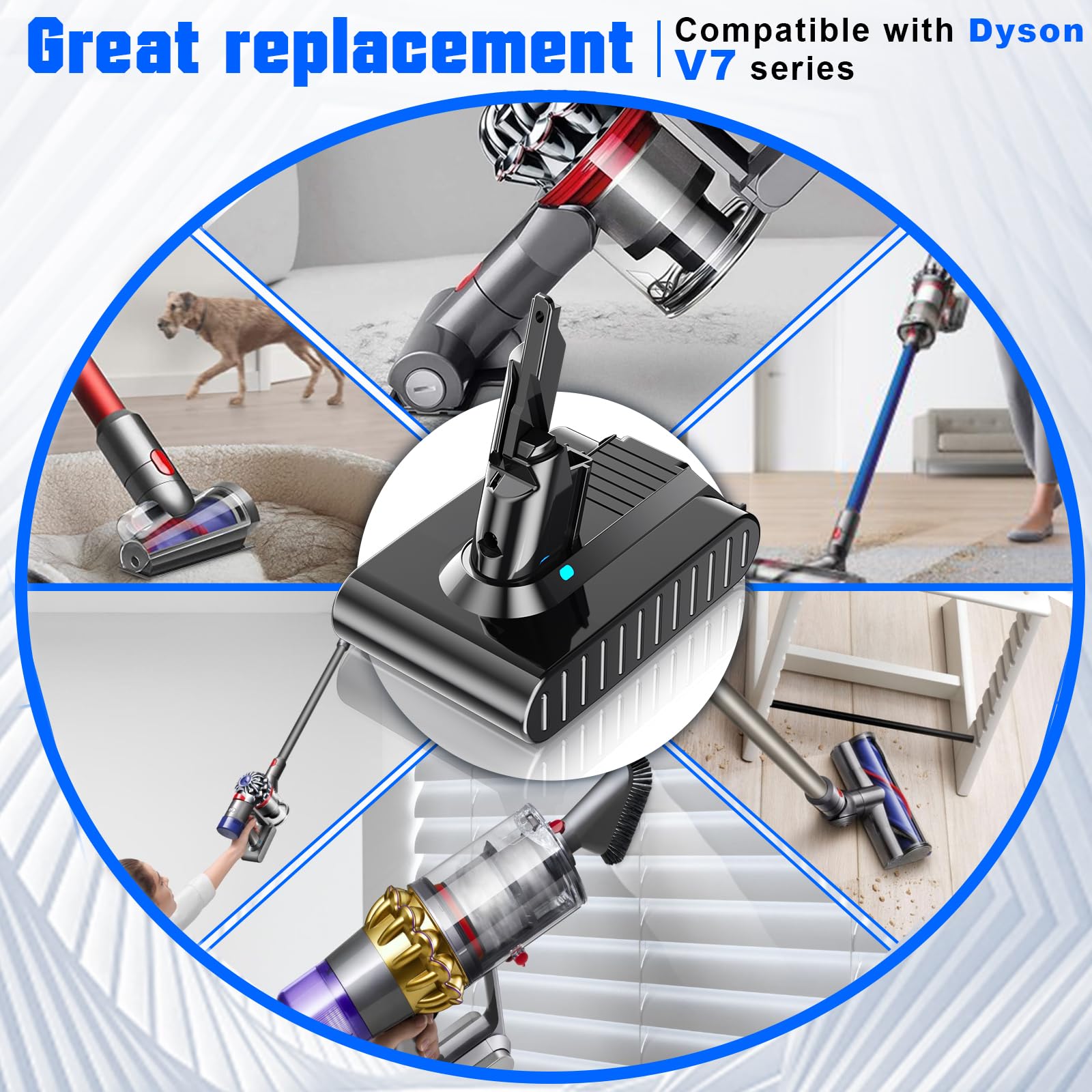 Bonacell V7 battery recharged with the original Dyson charger for seamless integration.