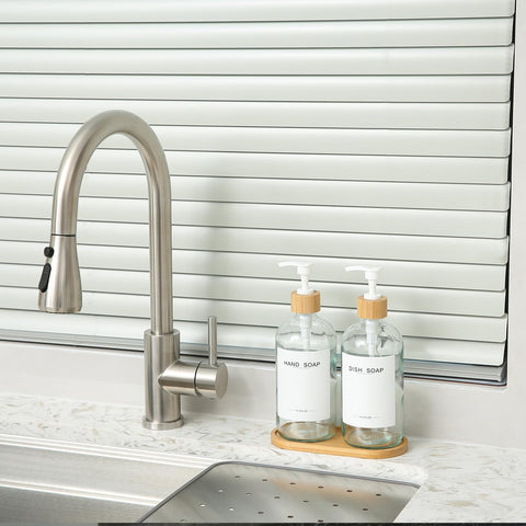 A stylish bamboo touch blends with bathroom and kitchen decor