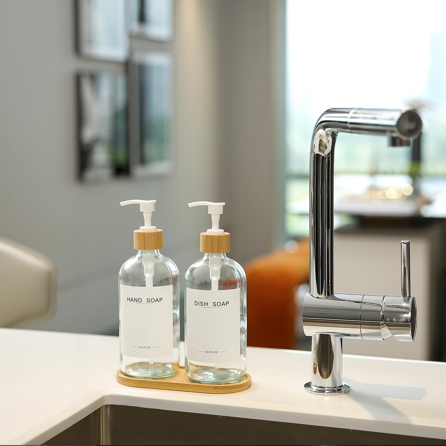 BONLONG dispenser set on a bamboo tray adds natural organization to bathrooms