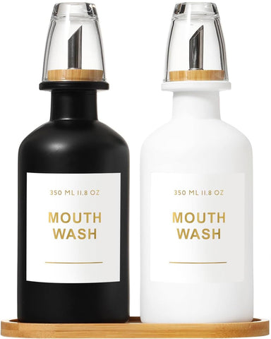 BONLONG mouthwash dispenser with pour-spout in bamboo-stainless for precise pours