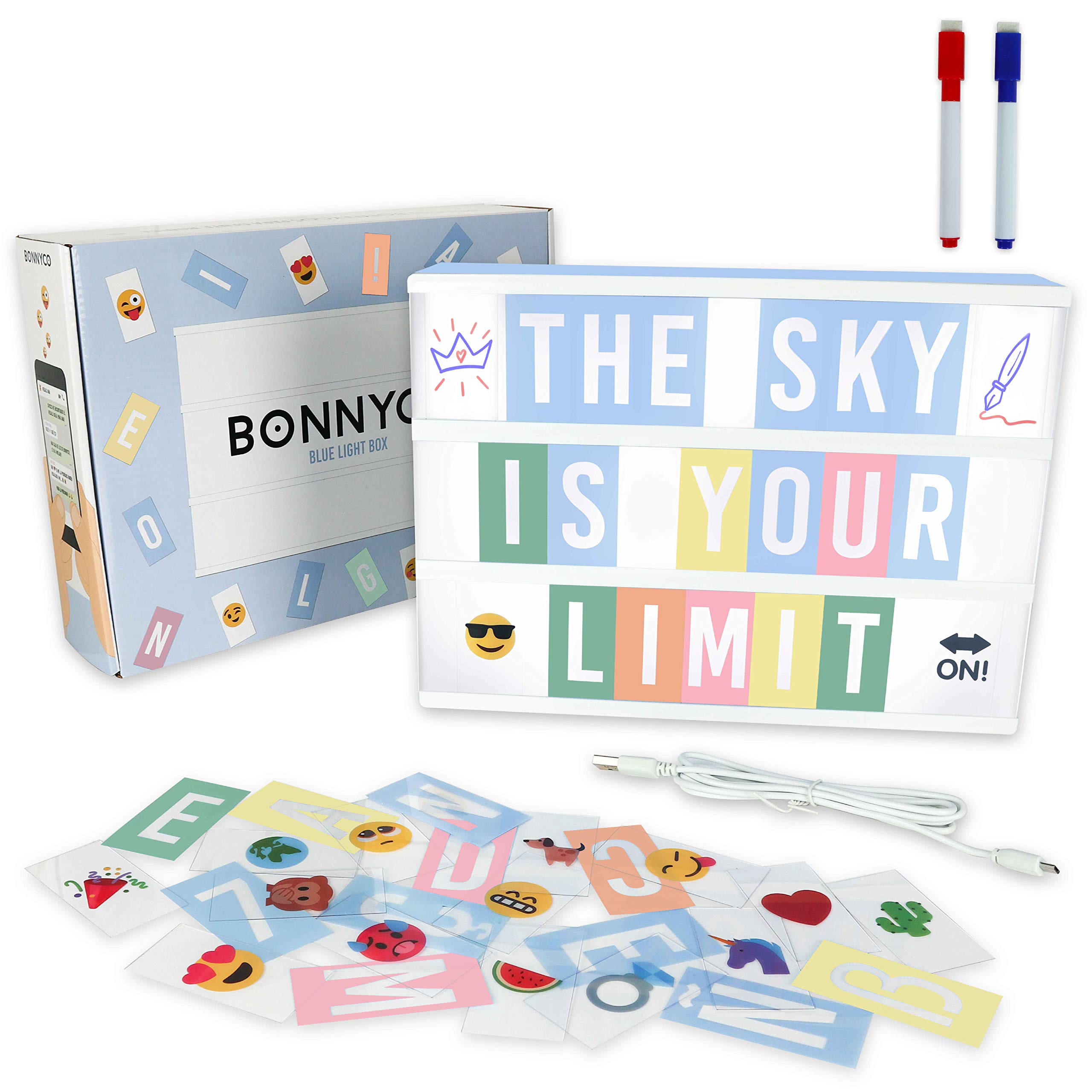 BONNYCO Blue Cinema Light Box display adds vibrant letters to kids' bedroom decor.
