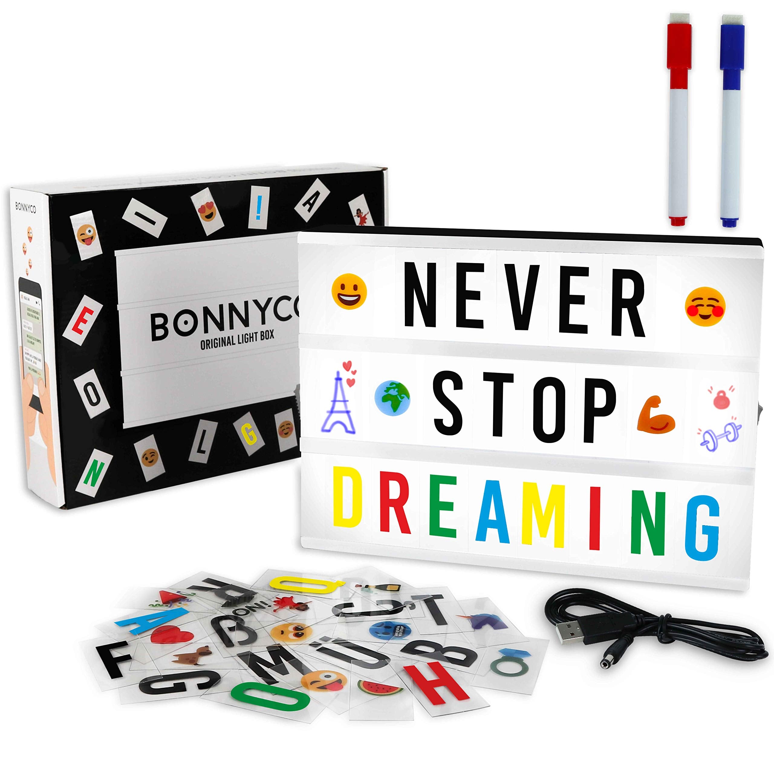 BONNYCO Cinema Light Box displays letters and emojis for personalized messages.
