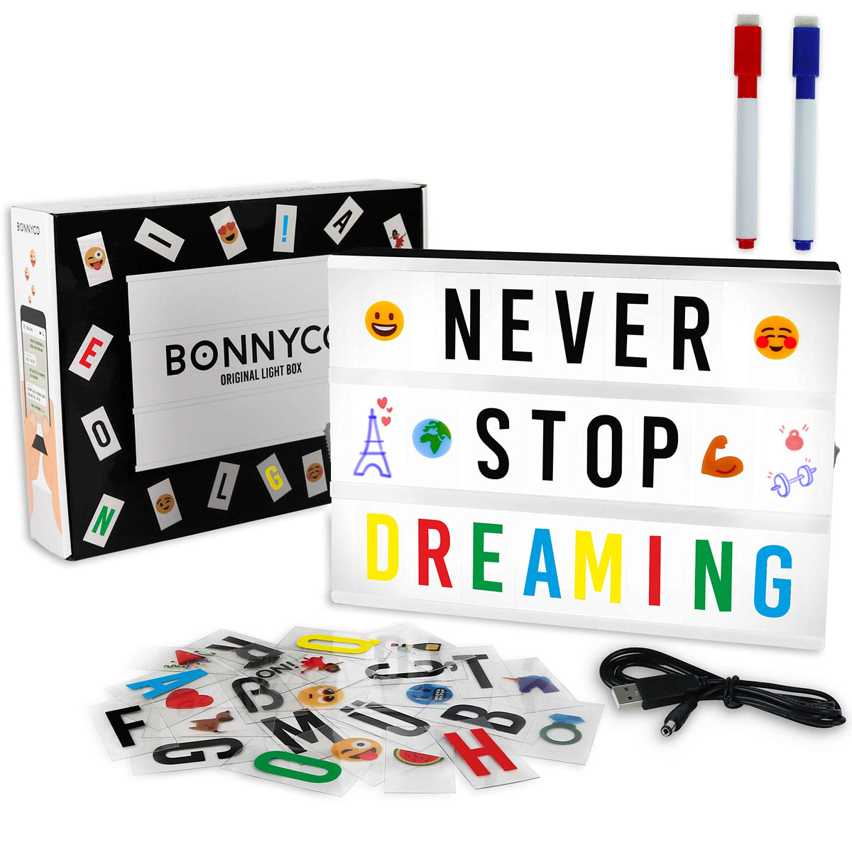 BONNYCO Cinema Light Box displays letters and emojis for personalized messages.