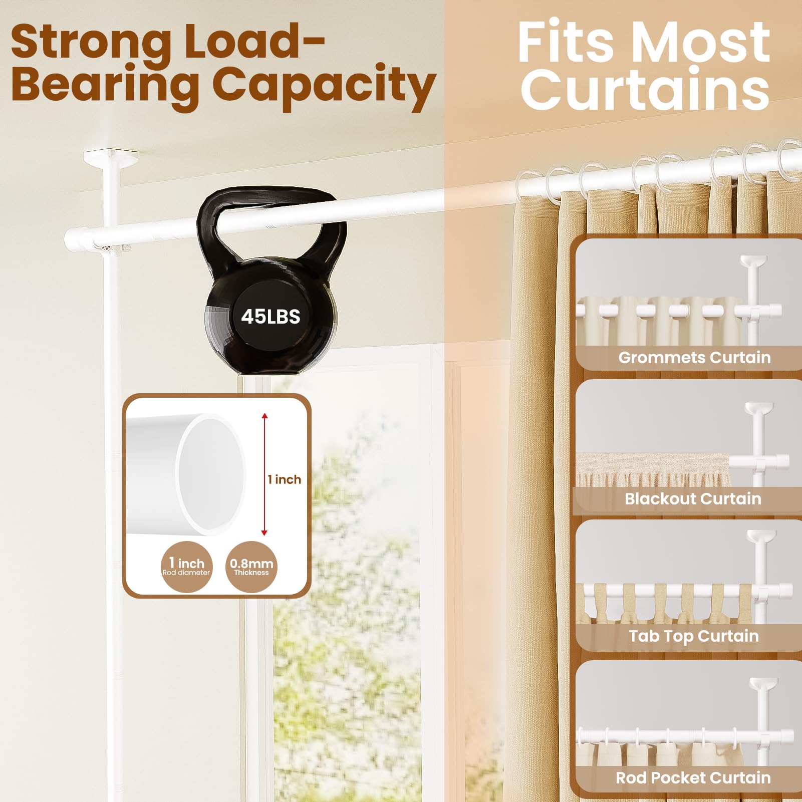 Bonpally adjustable height and width rod adapts to your space.
