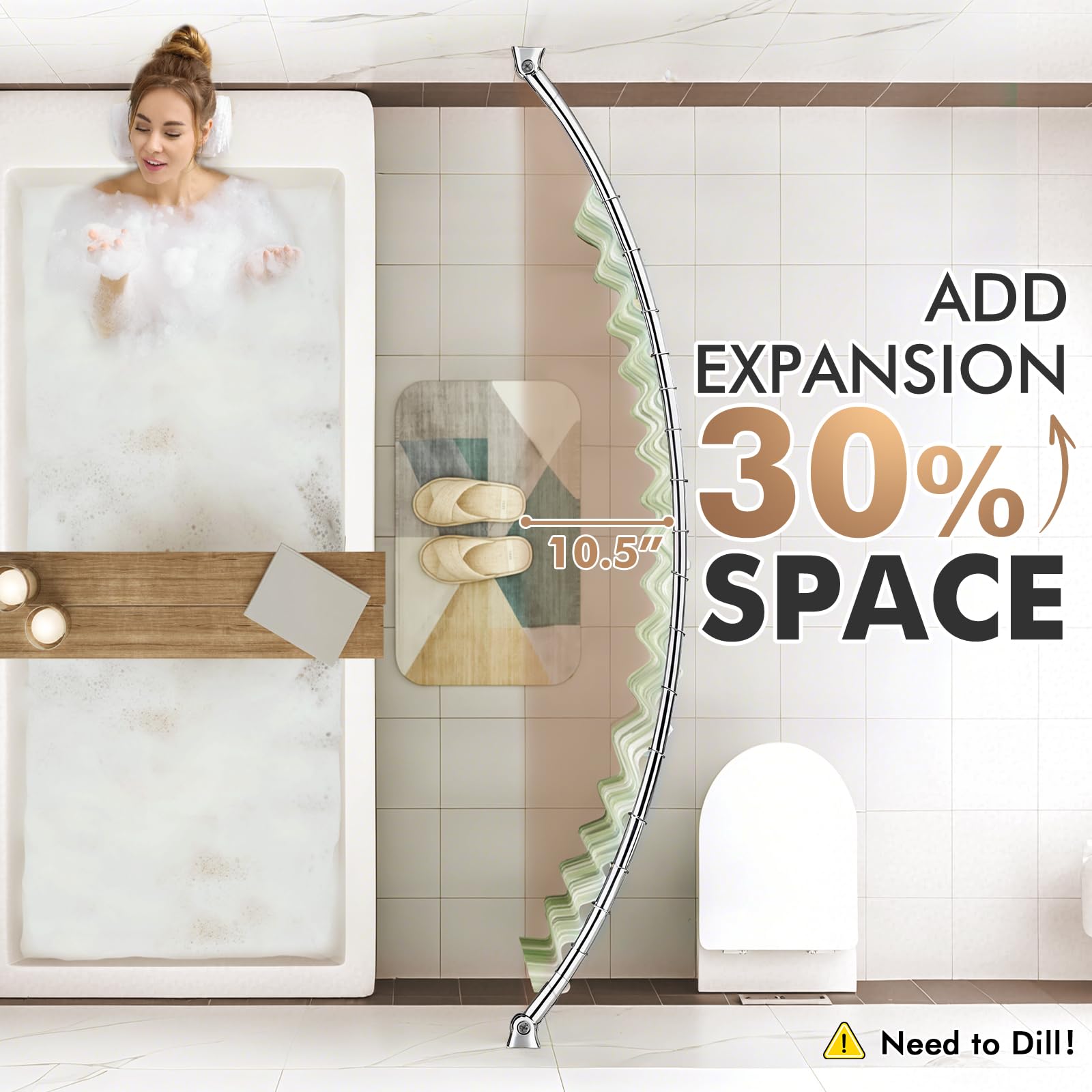 Bonpally curved shower rod with rotating brackets enables flexible mounting.