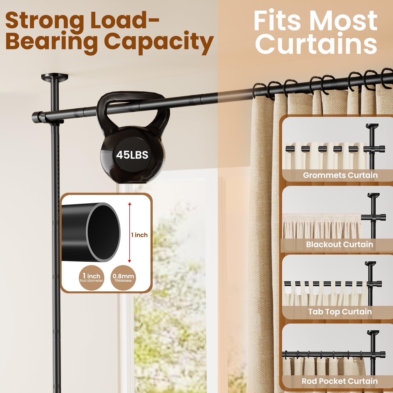 Bonpally Room Divider Rod shows 45lb capacity for heavy drapes