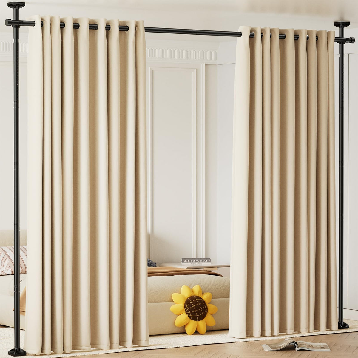 Bonpally Room Divider Rod in a no-drill setup for rental spaces