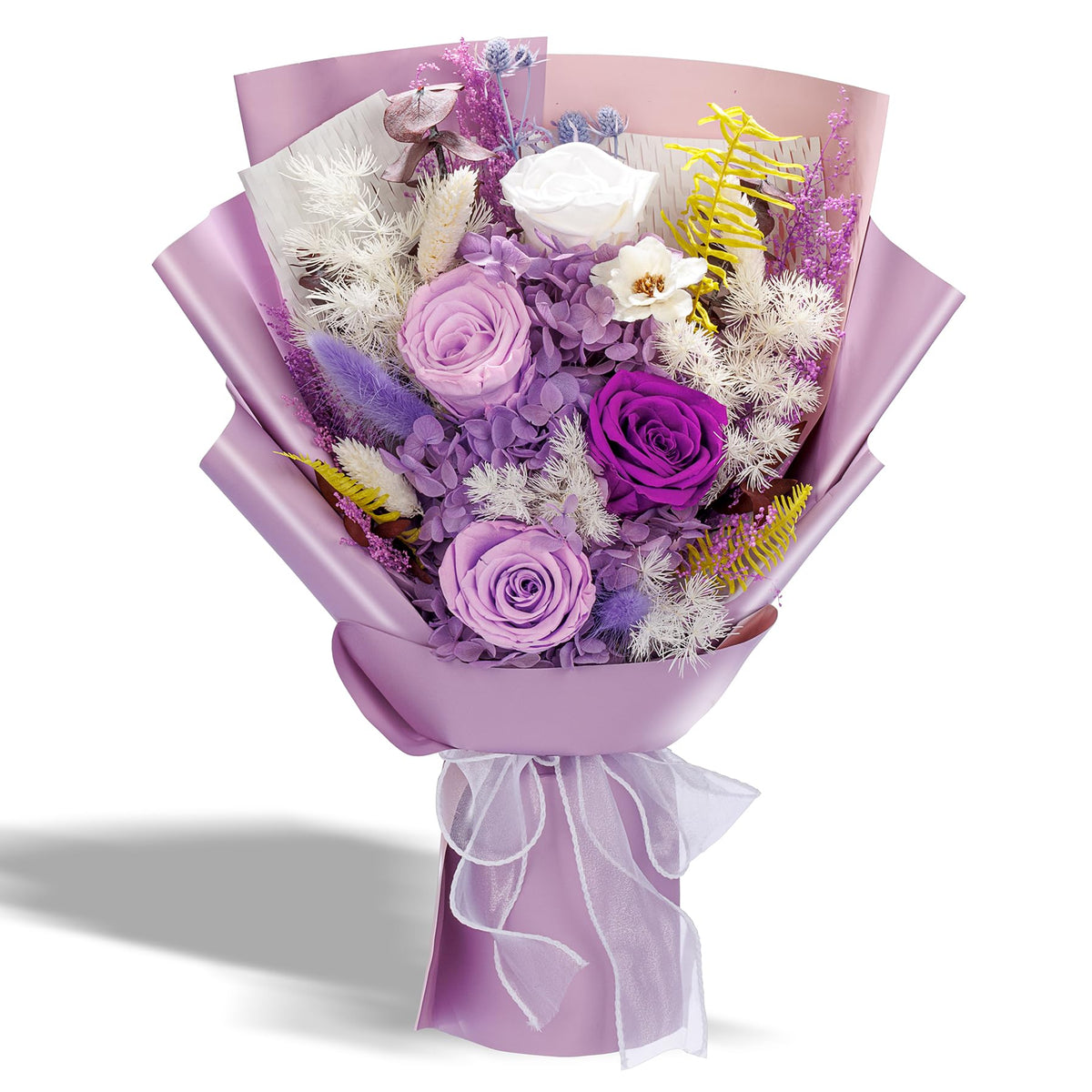 Bonsion preserved flowers bouquet in light purple for long-lasting home decor.