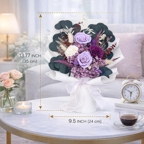 Bonsion preserved flowers display-ready purple rose bouquet for gift tables and keepsakes.
