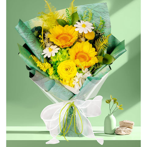 Bonsion preserved sunflowers bouquet on table showing long-lasting color