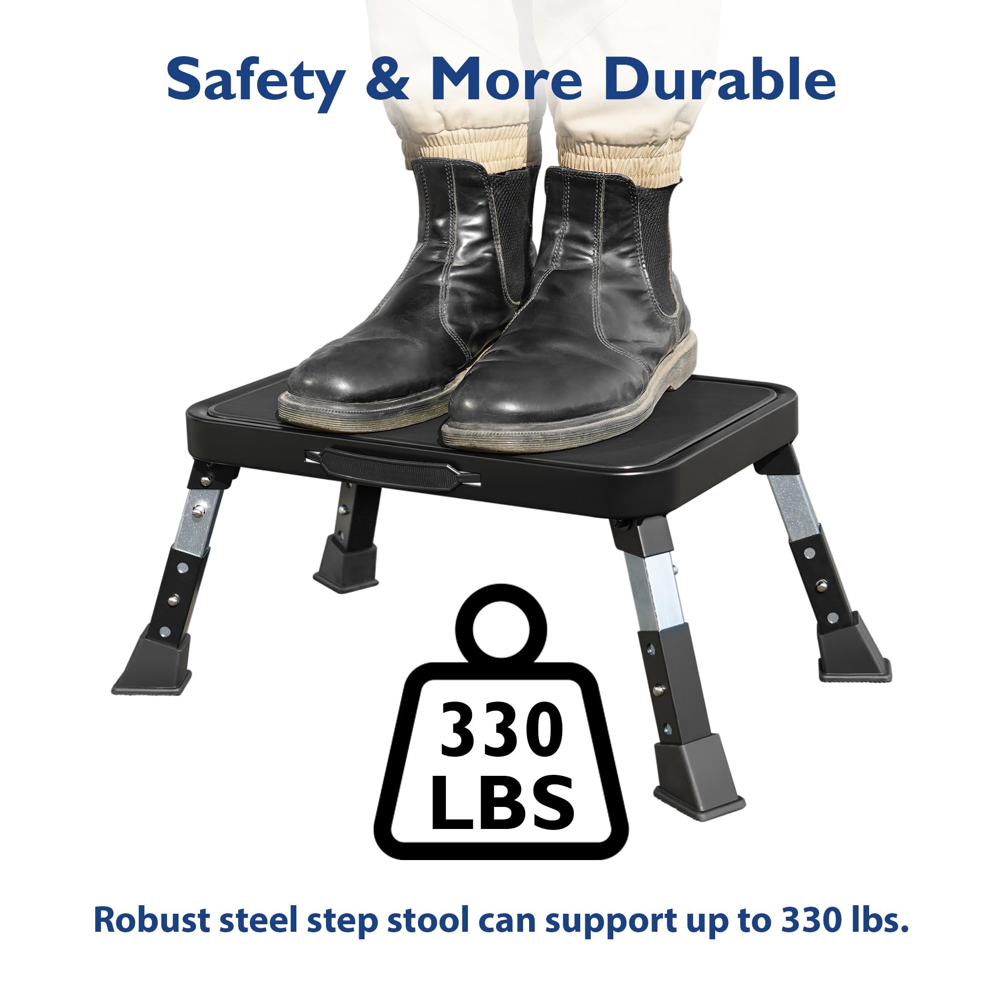 BONTEC folding step stool at 8-3 inch height, suitable for tall cabinets.