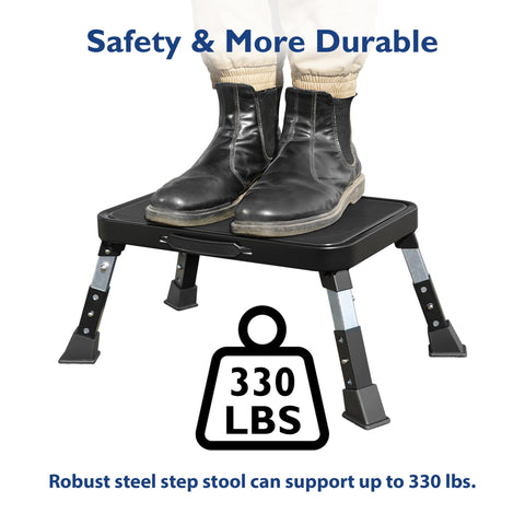 BONTEC folding step stool at 8-3 inch height, suitable for tall cabinets.