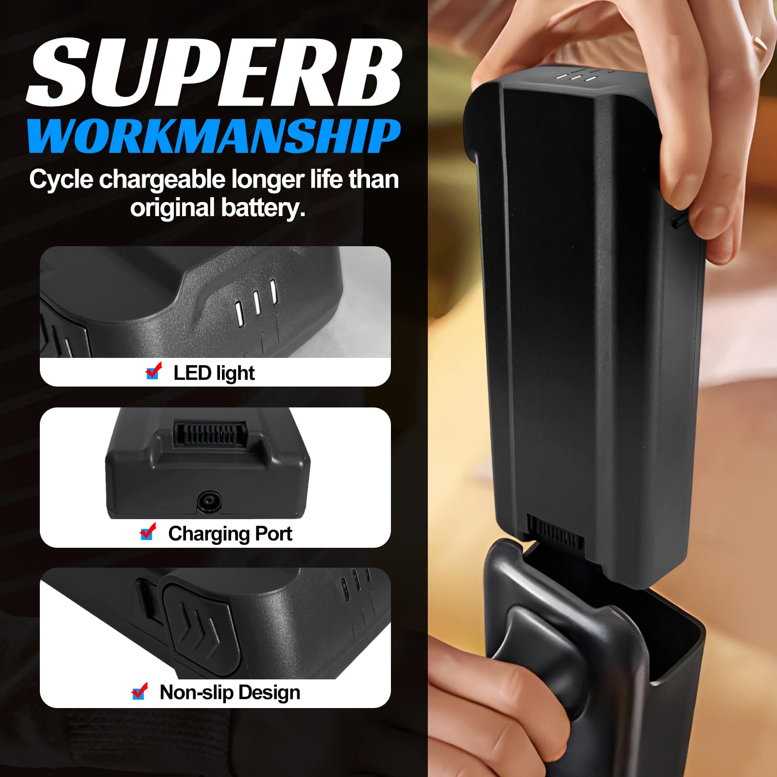 BooNer long-life battery used for extended cordless cleaning sessions.