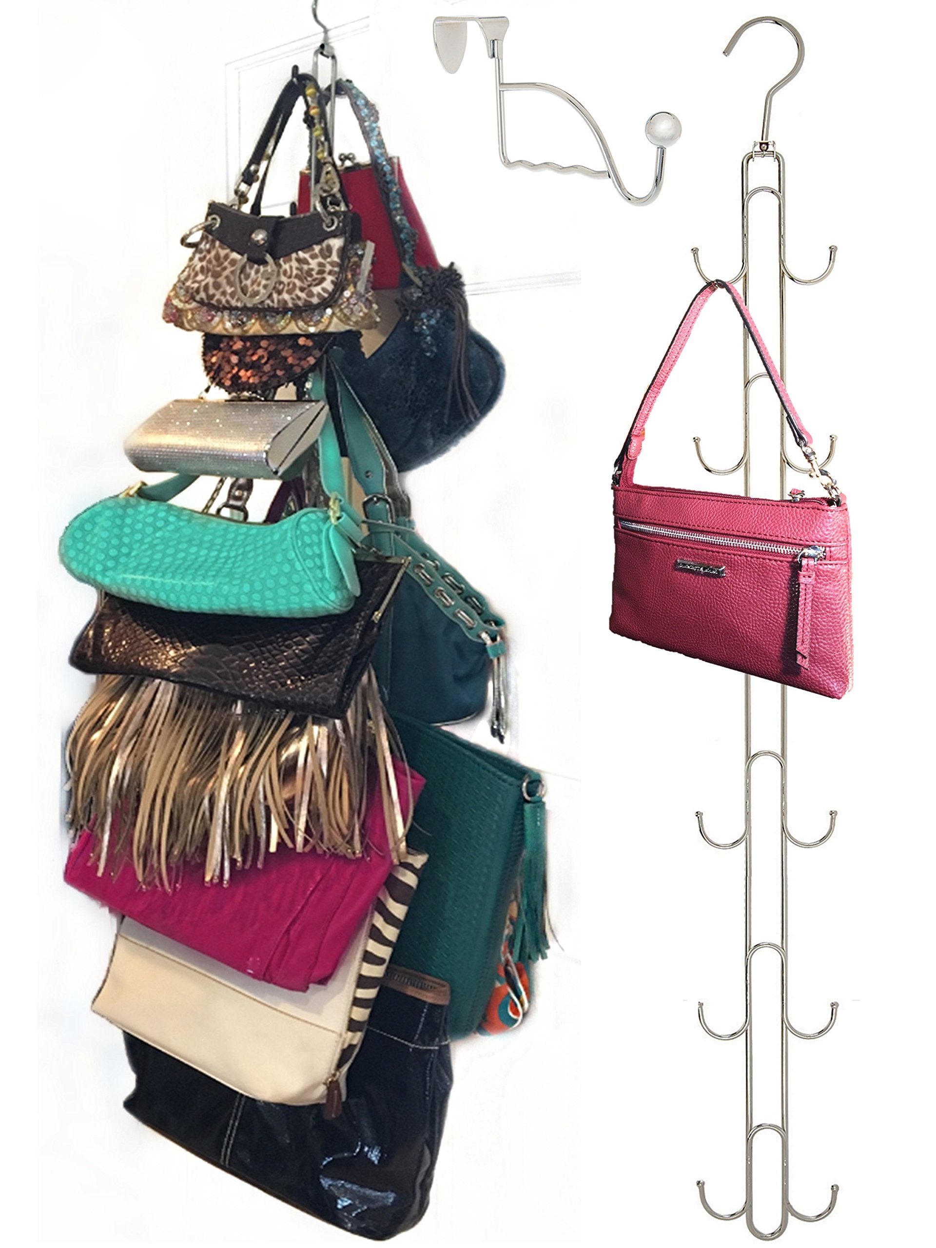Boottique over-door purse hanger with 360-degree rotation for easy access.