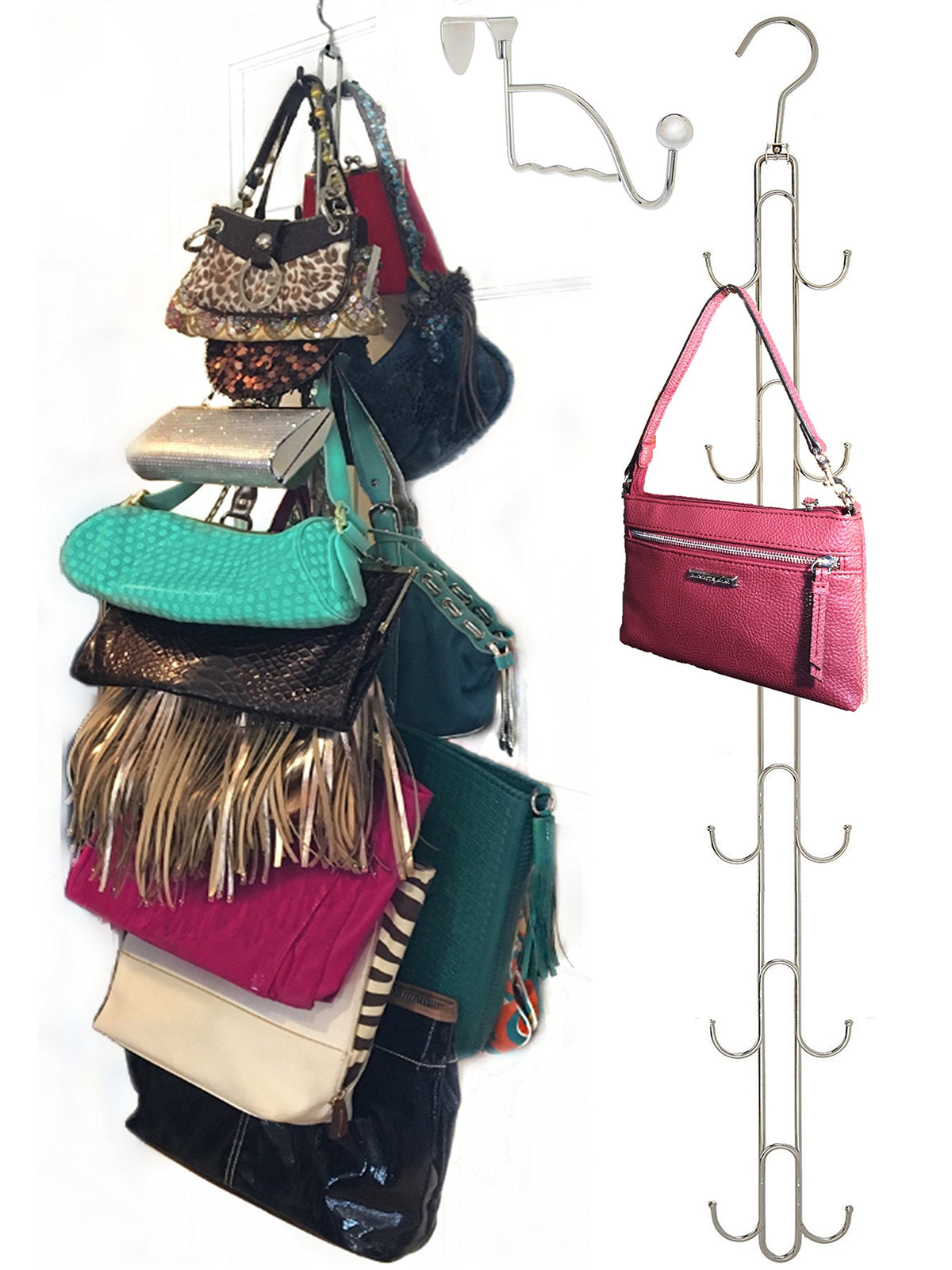 Boottique over-door purse hanger with 360-degree rotation for easy access.