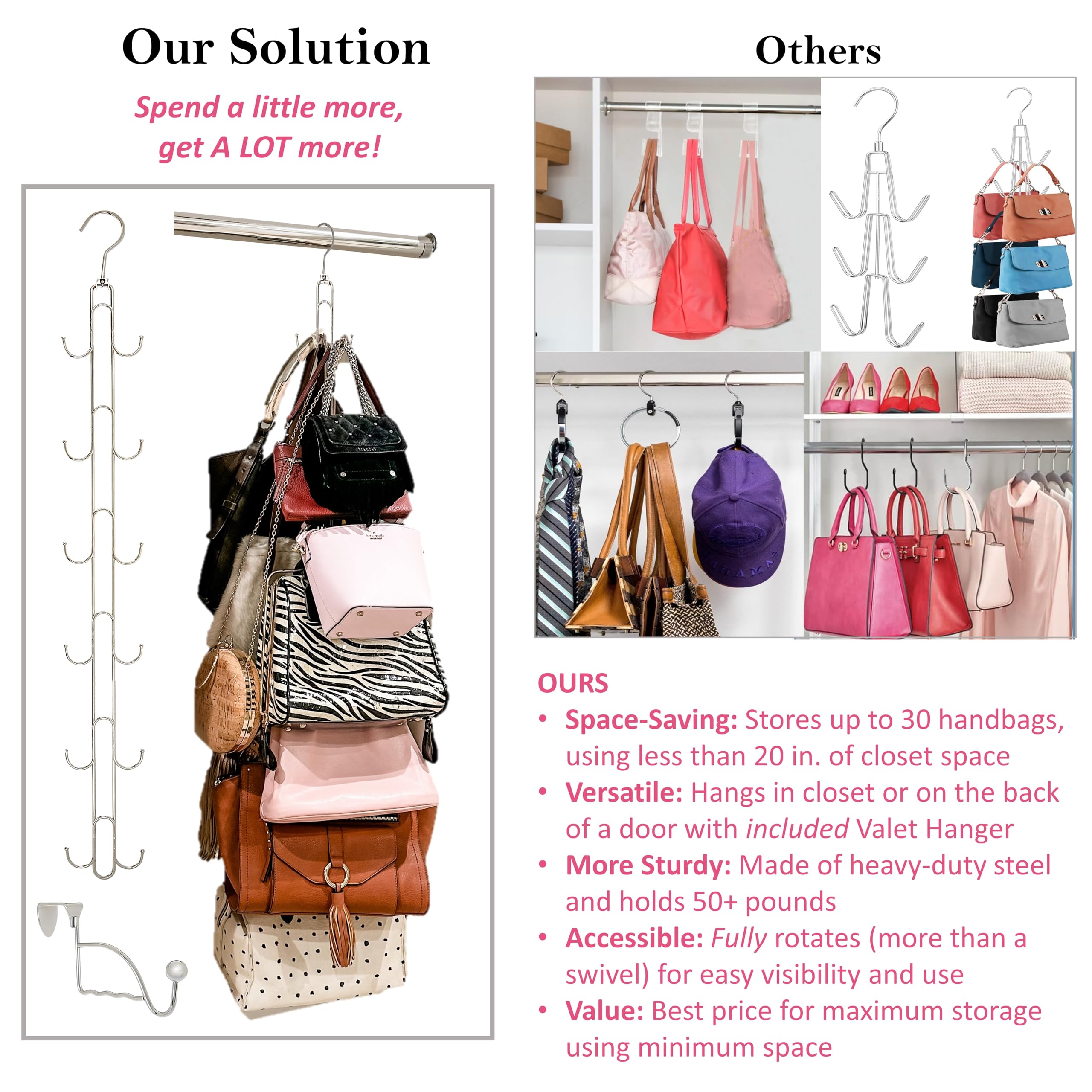 Boottique heavy-duty chrome purse organizer holds up to 50 lbs.