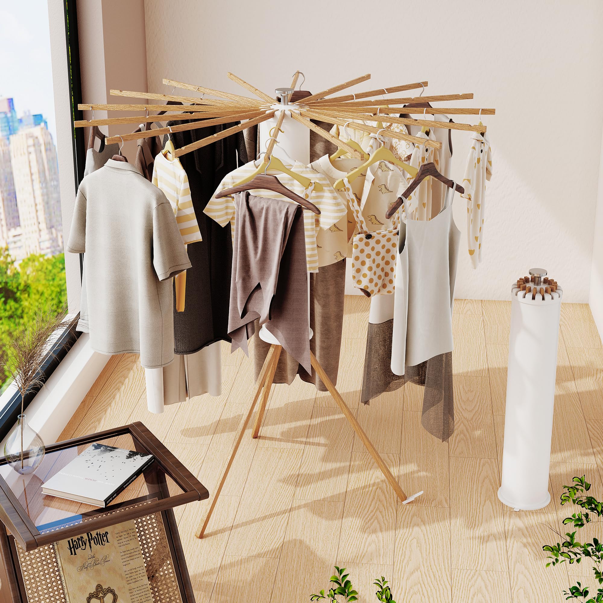 BOQORAD wood-pole rack closeup highlights 16 wooden poles supporting garments