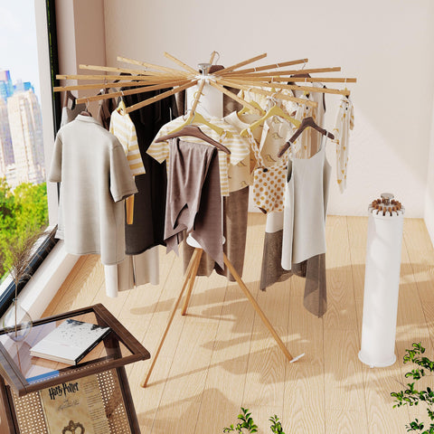BOQORAD wood-pole rack closeup highlights 16 wooden poles supporting garments