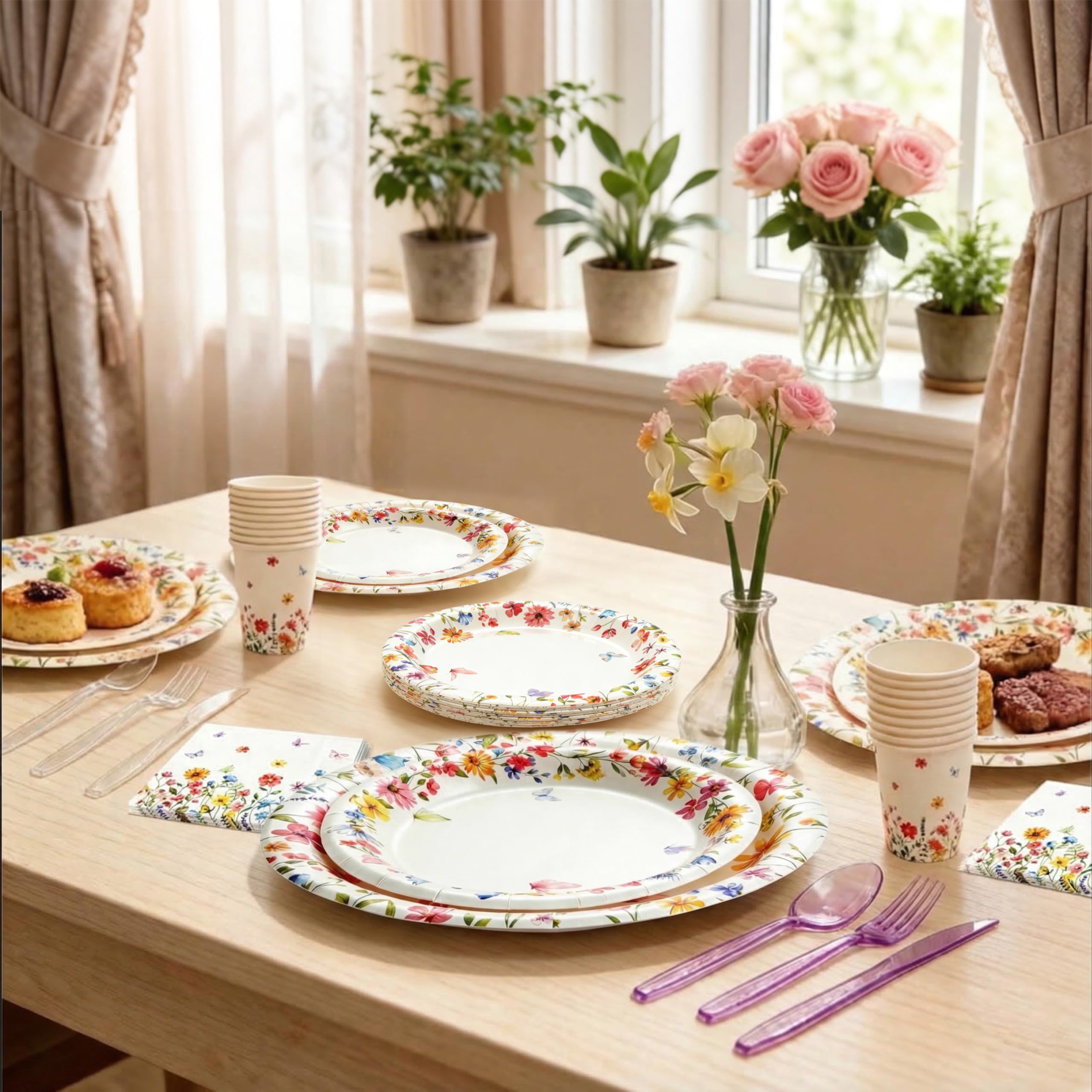BORAMDO Wildflower tablecloths and banner create a cohesive garden party scene