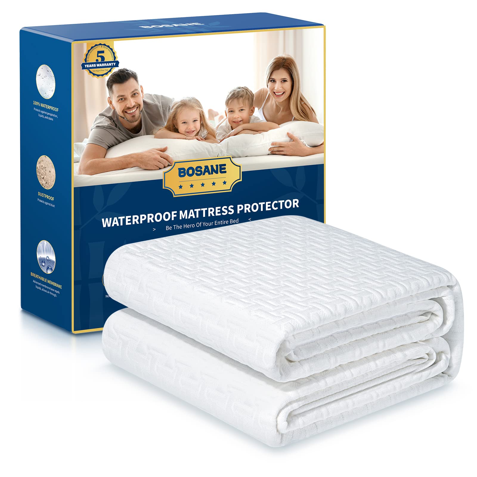 Bosane premium mattress protector top view shows waterproof layer and smooth fabric.