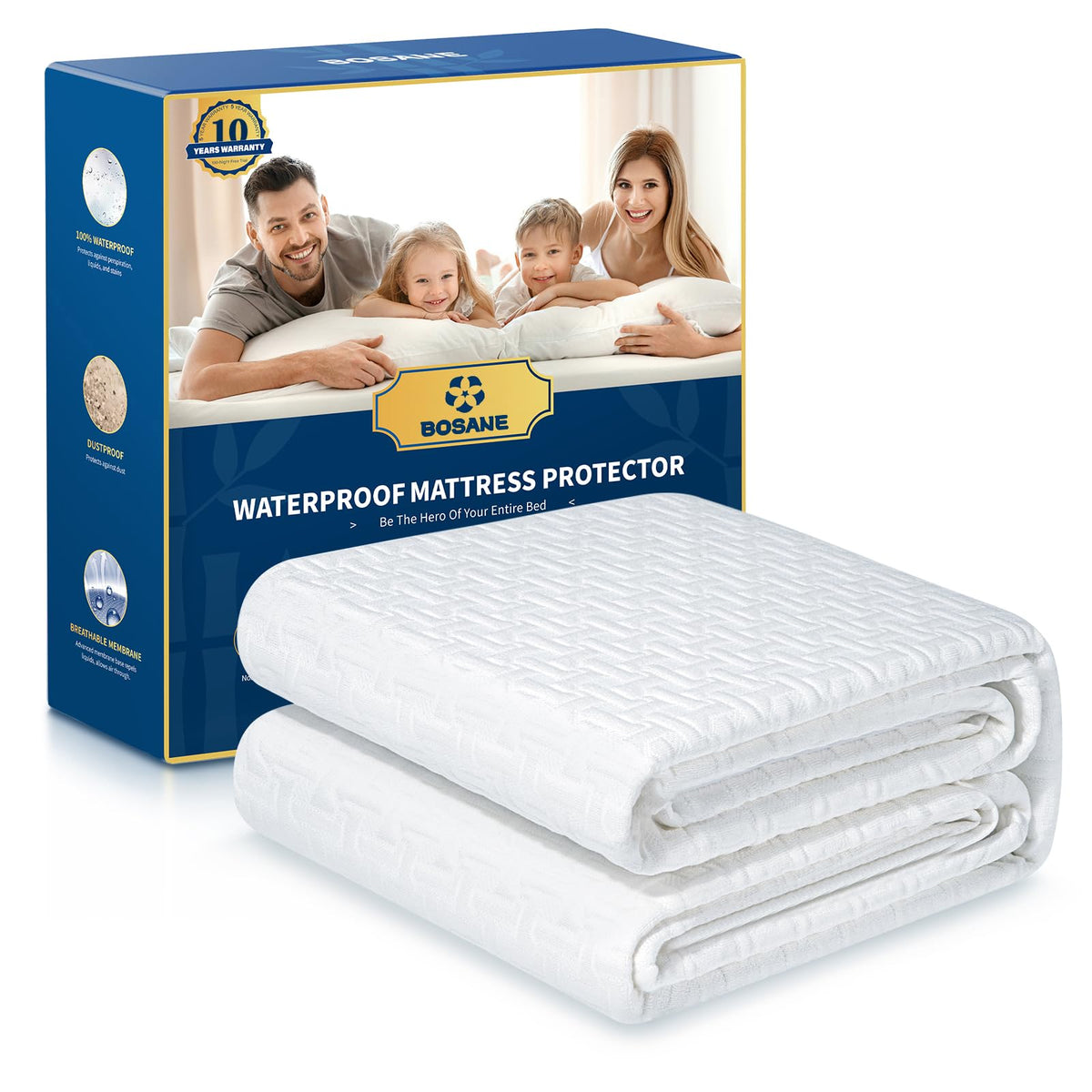 Bosane waterproof king mattress protector showcasing 3D air fabric for breathable protection.