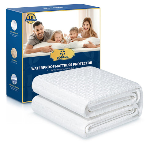 Bosane waterproof queen mattress protector front view showing dry protection against spills