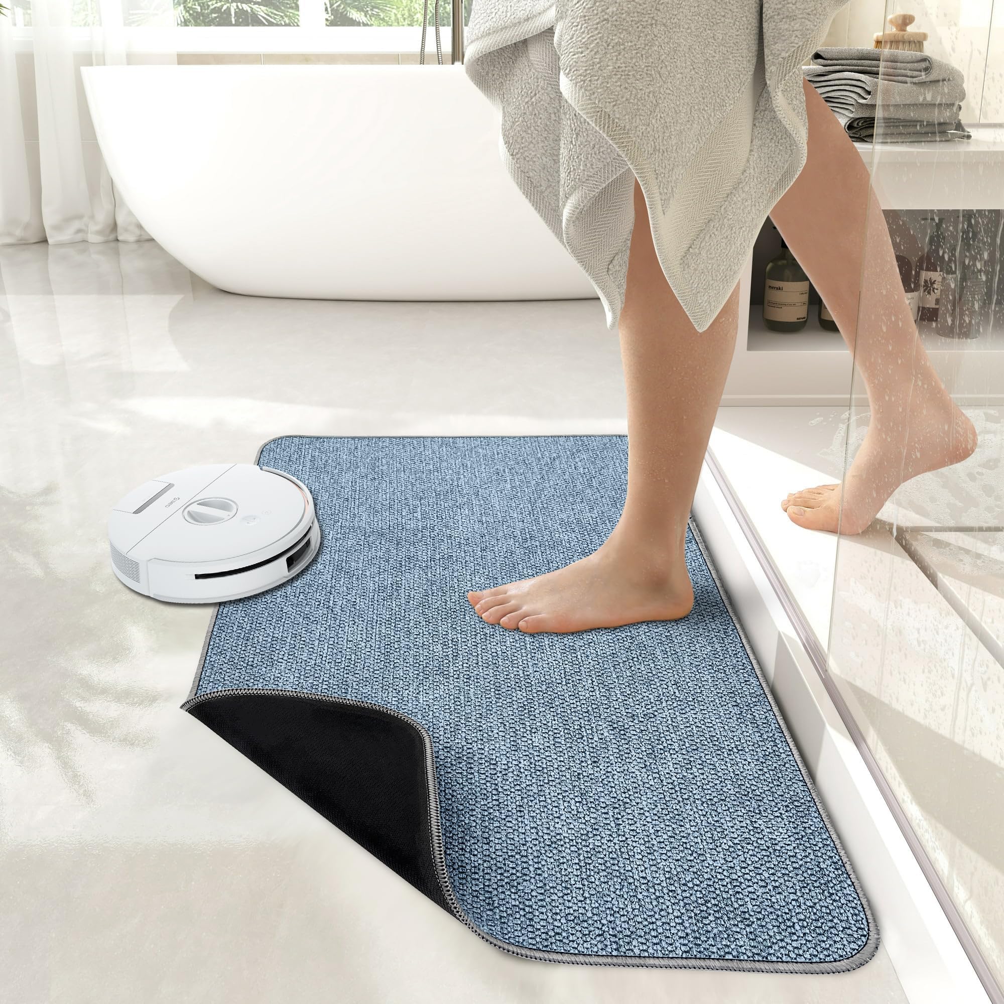 Bosap blue bath mat in a bright bathroom offering safe footing