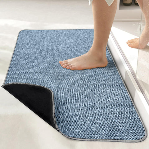 Bosap bath mat blue ultra-thin side view showing low-profile fit under a door