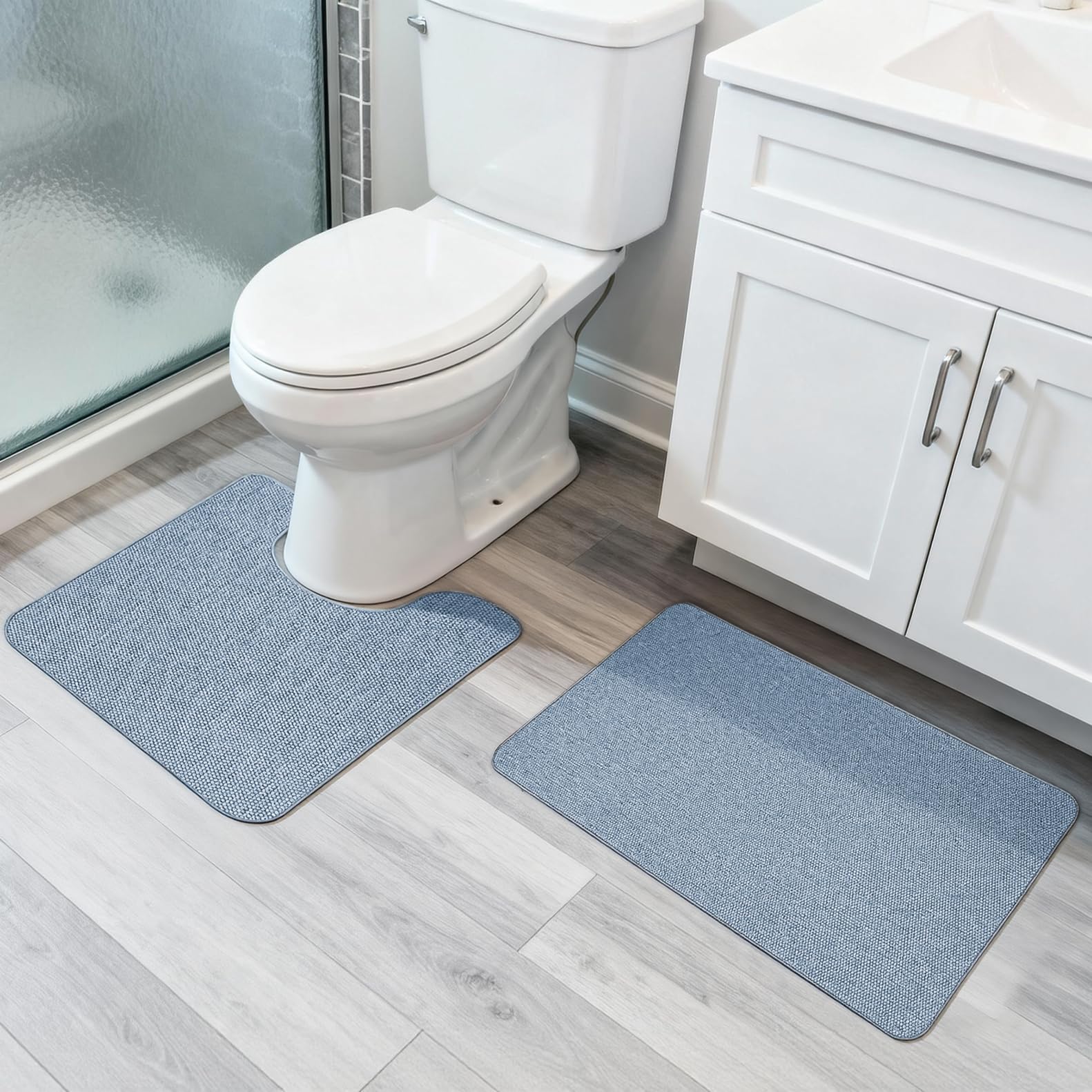 Bosap bathroom rugs set blue front view with non-slip backing