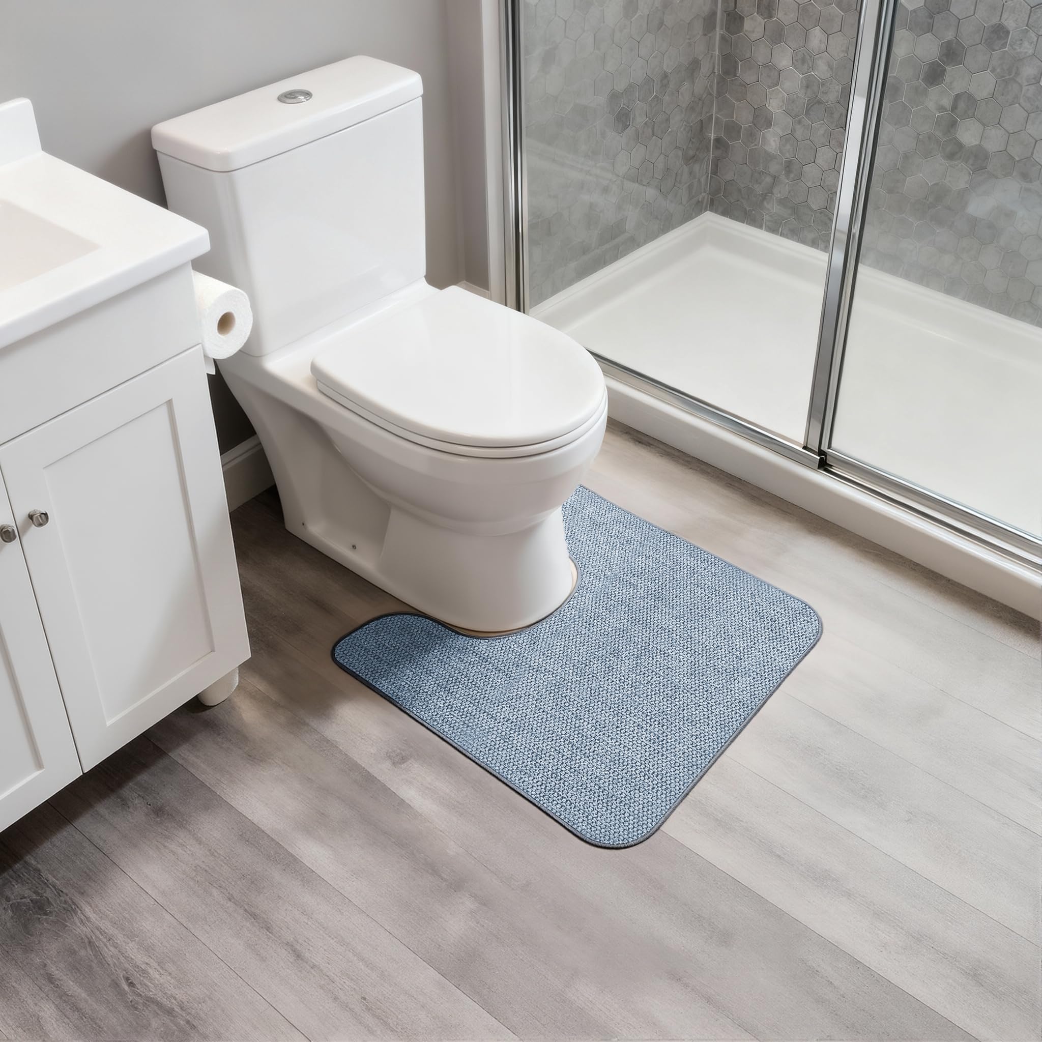 Bosap blue toilet rug demonstrates universal fit for most toilets.