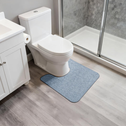 Bosap blue toilet rug demonstrates universal fit for most toilets.