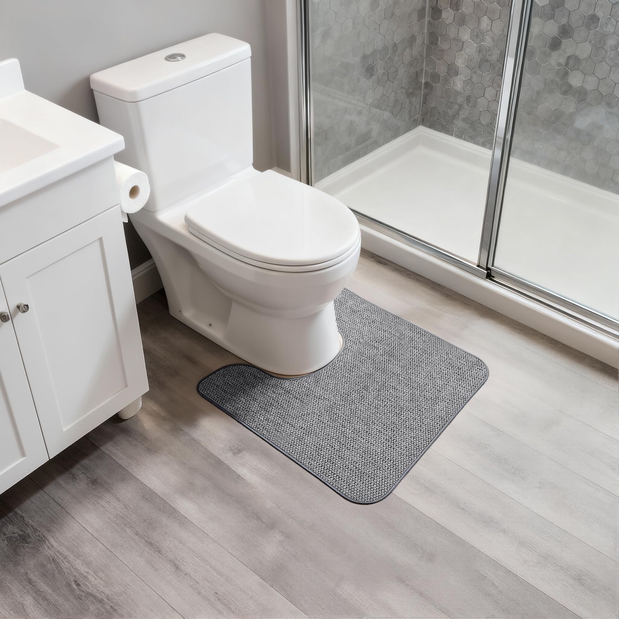 Bosap grey 20x24 inch rug fits most toilets and bathrooms.