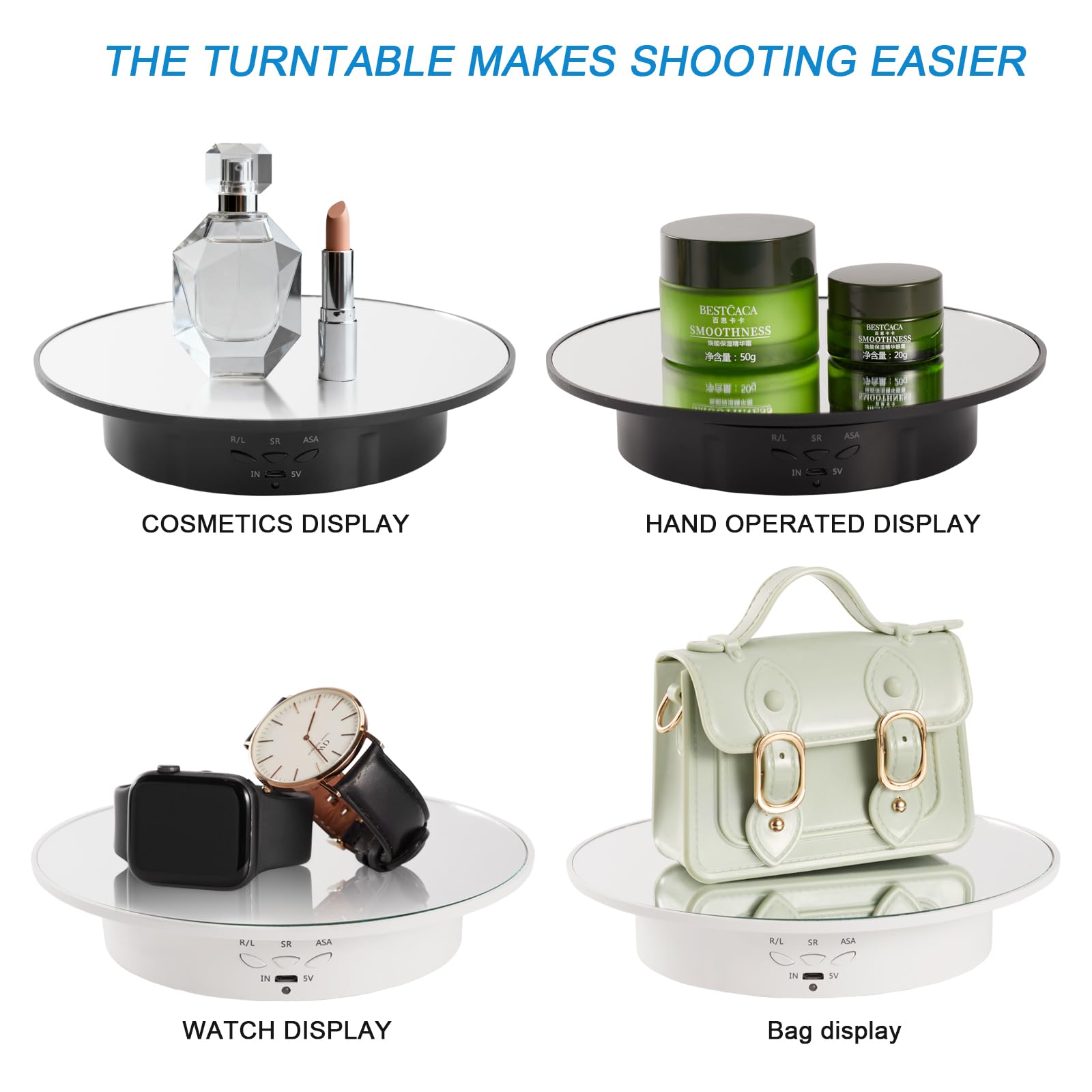 Bosgladek rotating stand showing USB charging port for on-location shoots