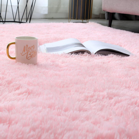Boshengya pink shag rug shows velvet-like plush texture underfoot