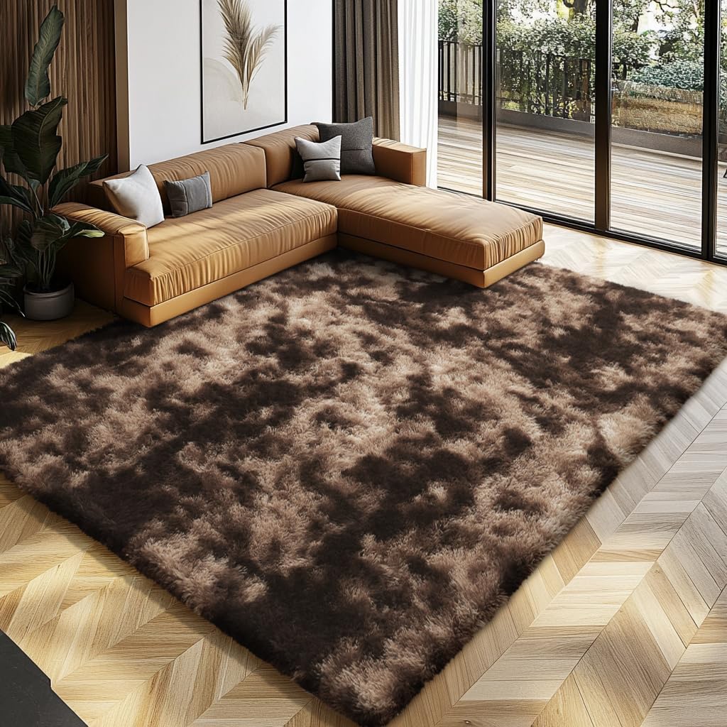 Boshengya shag area rug in brown shows ultra-soft texture, ideal for cozy bedrooms.