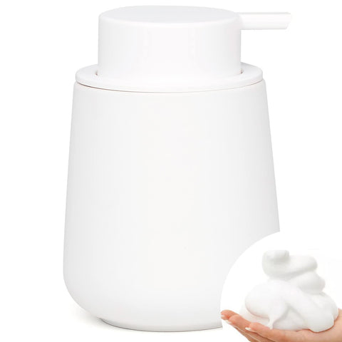 BosilunLife ceramic foaming dispenser on bathroom counter keeps soap neatly organized.