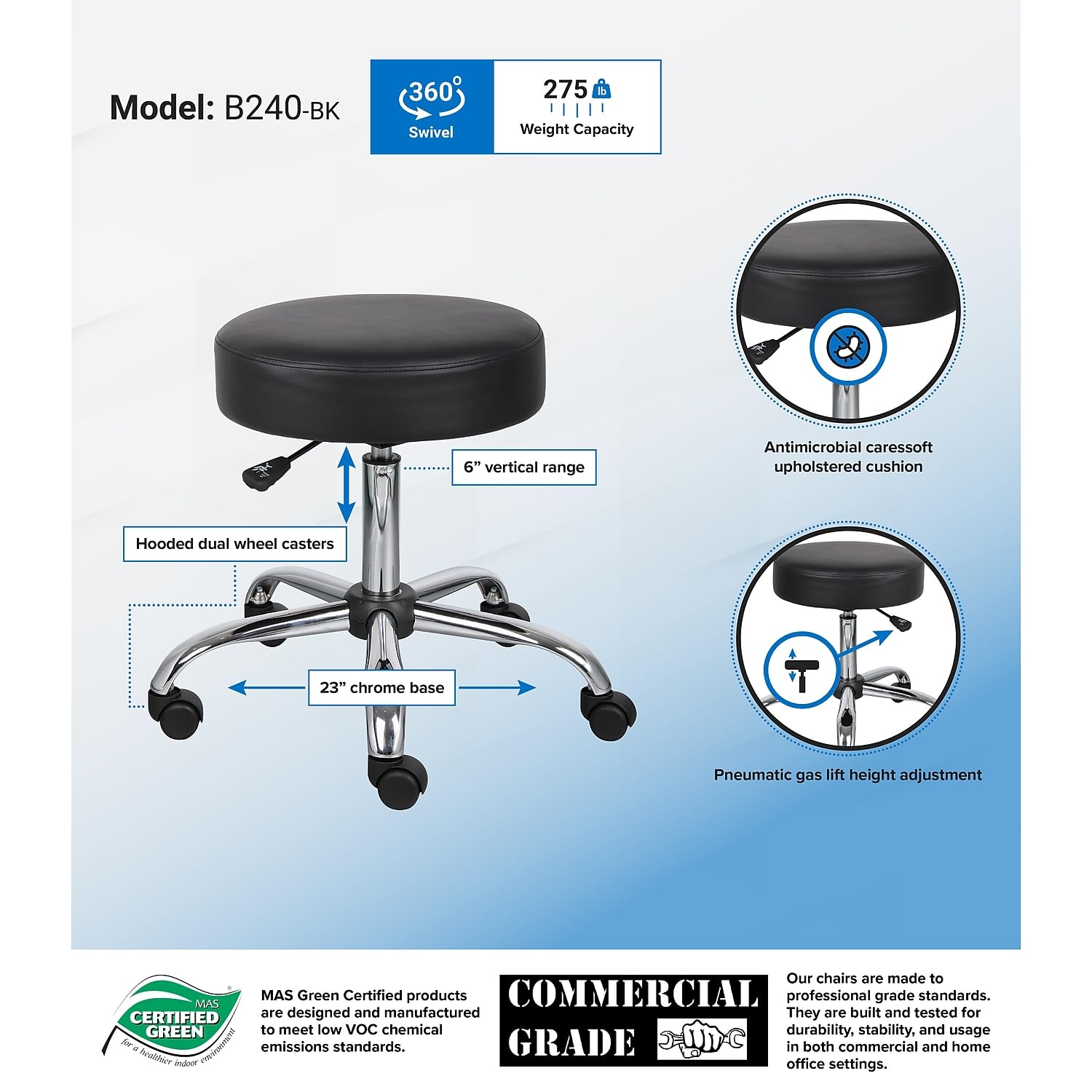 Boss Office Products antimicrobial vinyl stool with height adjustment lever for personalized comfort.