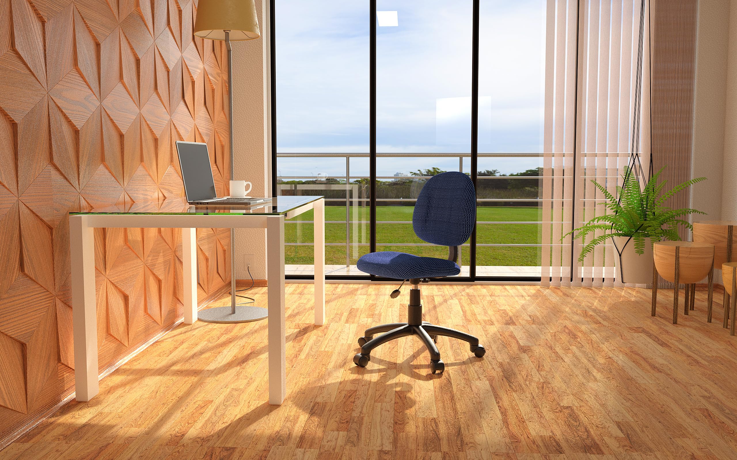 Side view of the blue chair with an arms-free profile