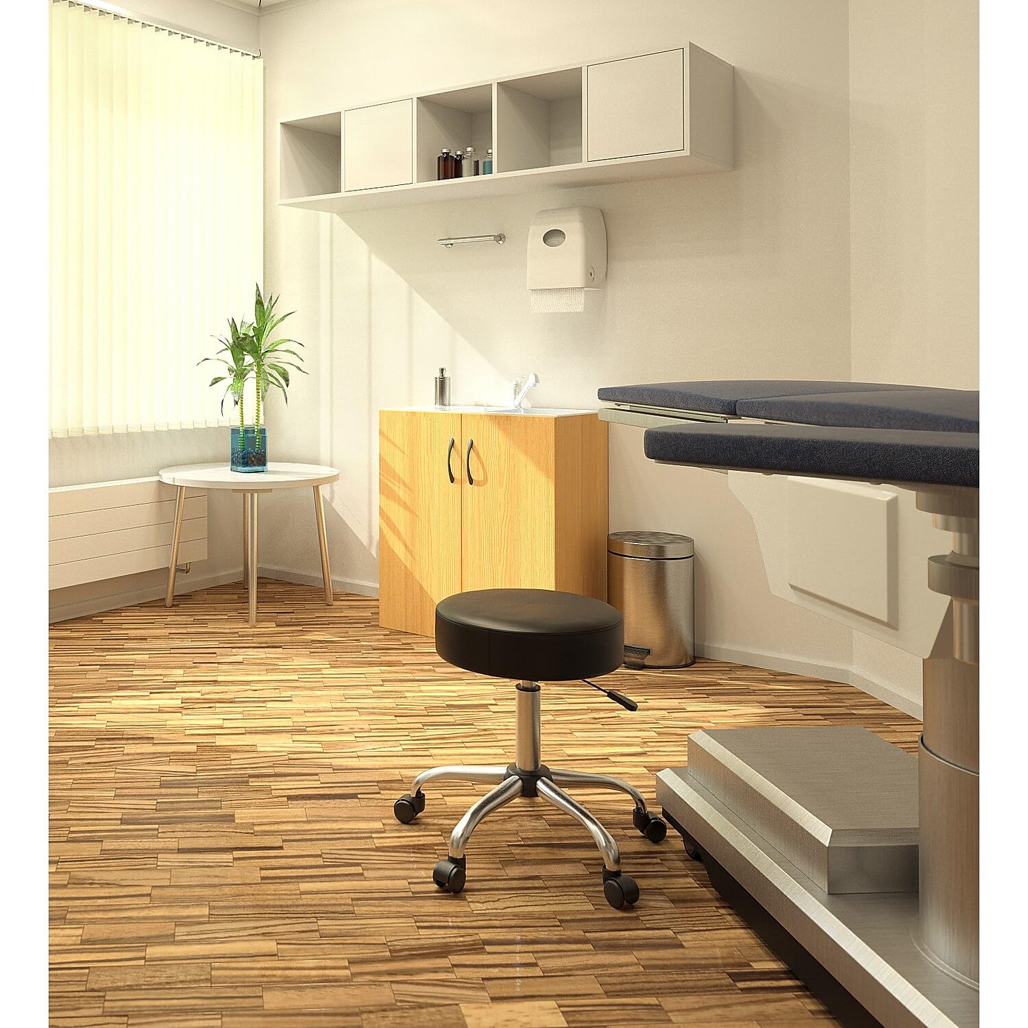 Boss Office Products antimicrobial stool chrome base provides stable, smooth movement.