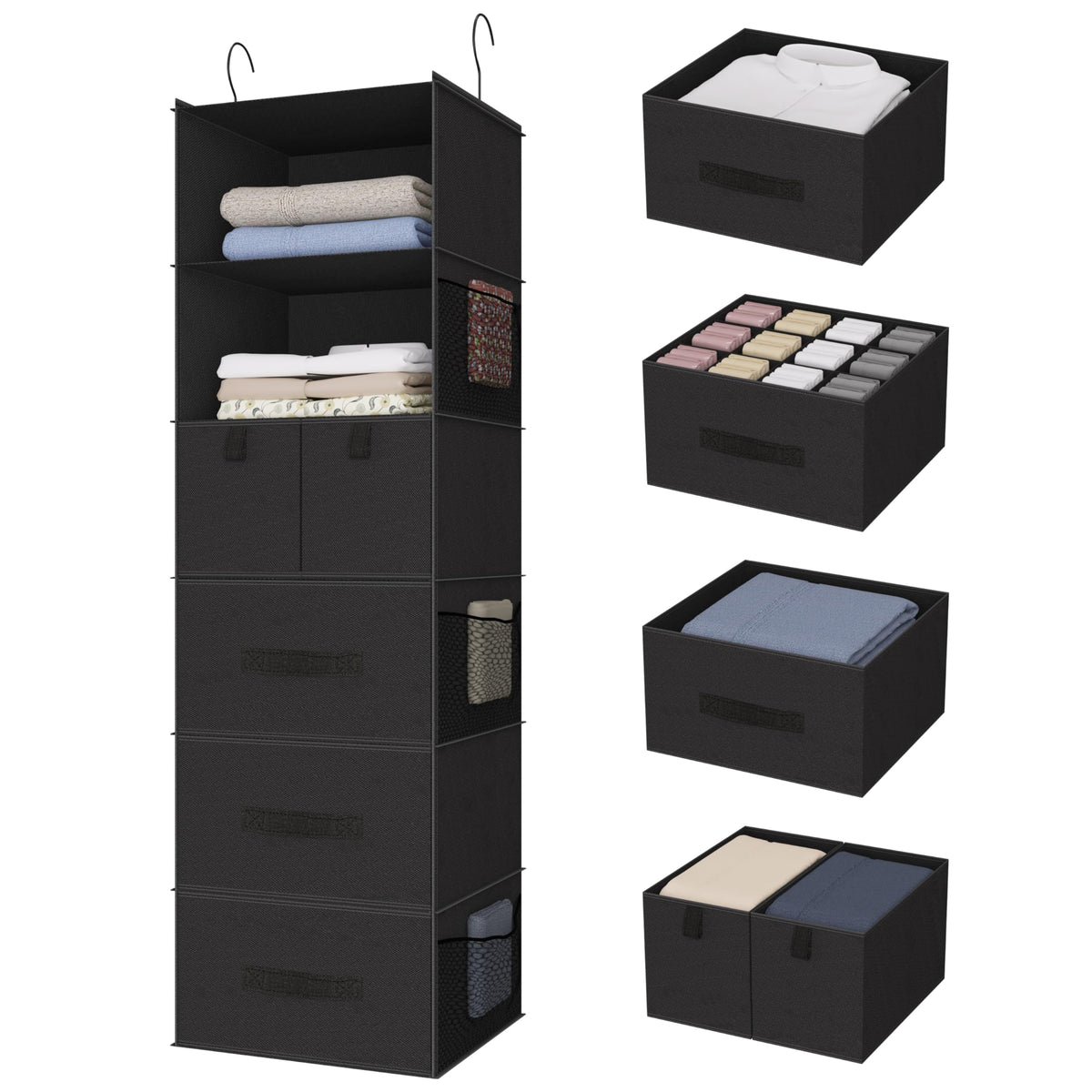 Bosuelife 6-shelves hanging organizer showing organized wardrobe space