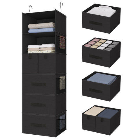Bosuelife 6-shelves hanging organizer showing organized wardrobe space